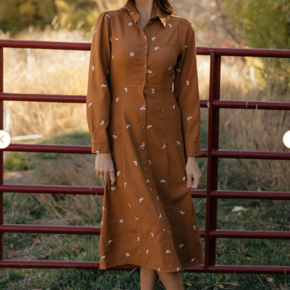 Roolee orange rust embroidered midi dress Small